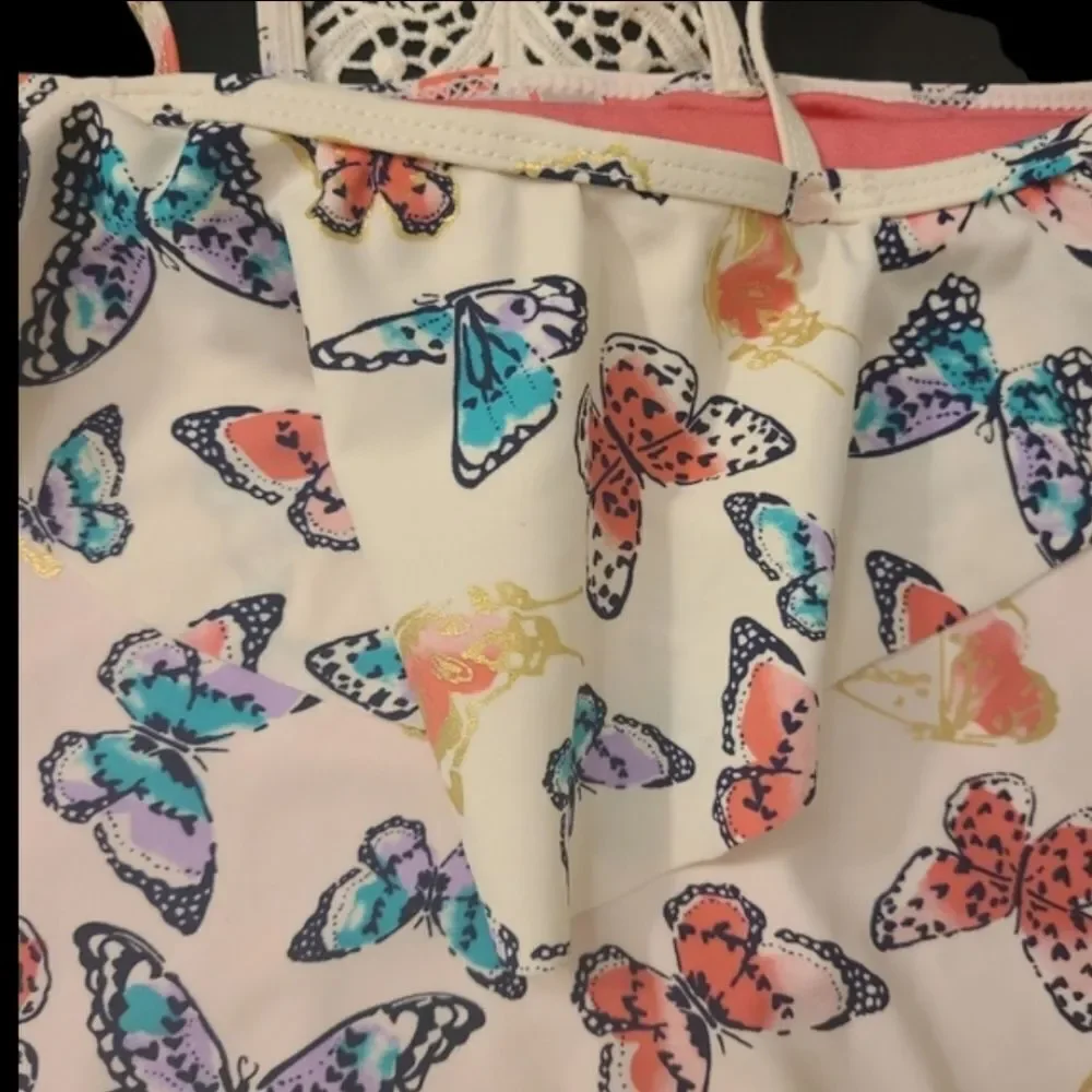 Limited Too Swimsuit 1-Piece Crocheted‎ Butterfly Print Ruffle Girls sz X…